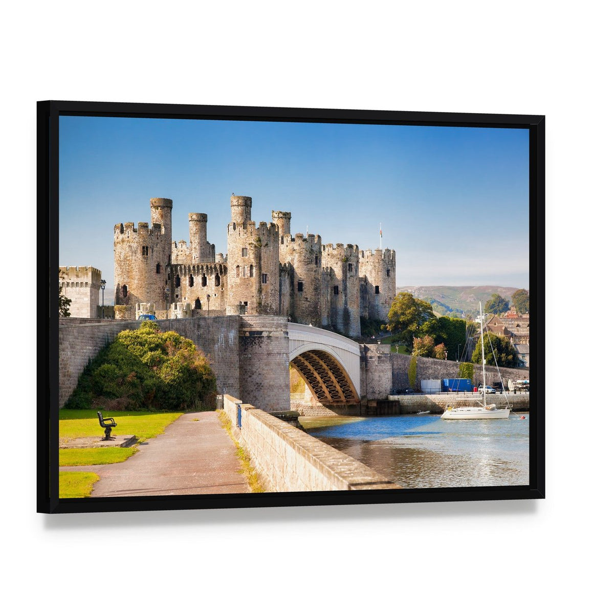 Conwy Castle in Wales Canvas Wall Art, framed canvas in a black floater frame, angled product view