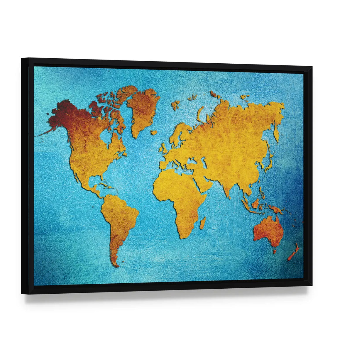 Distressed Gold Grunge World Map Canvas Wall Art, framed canvas in a black floater frame, angled product view