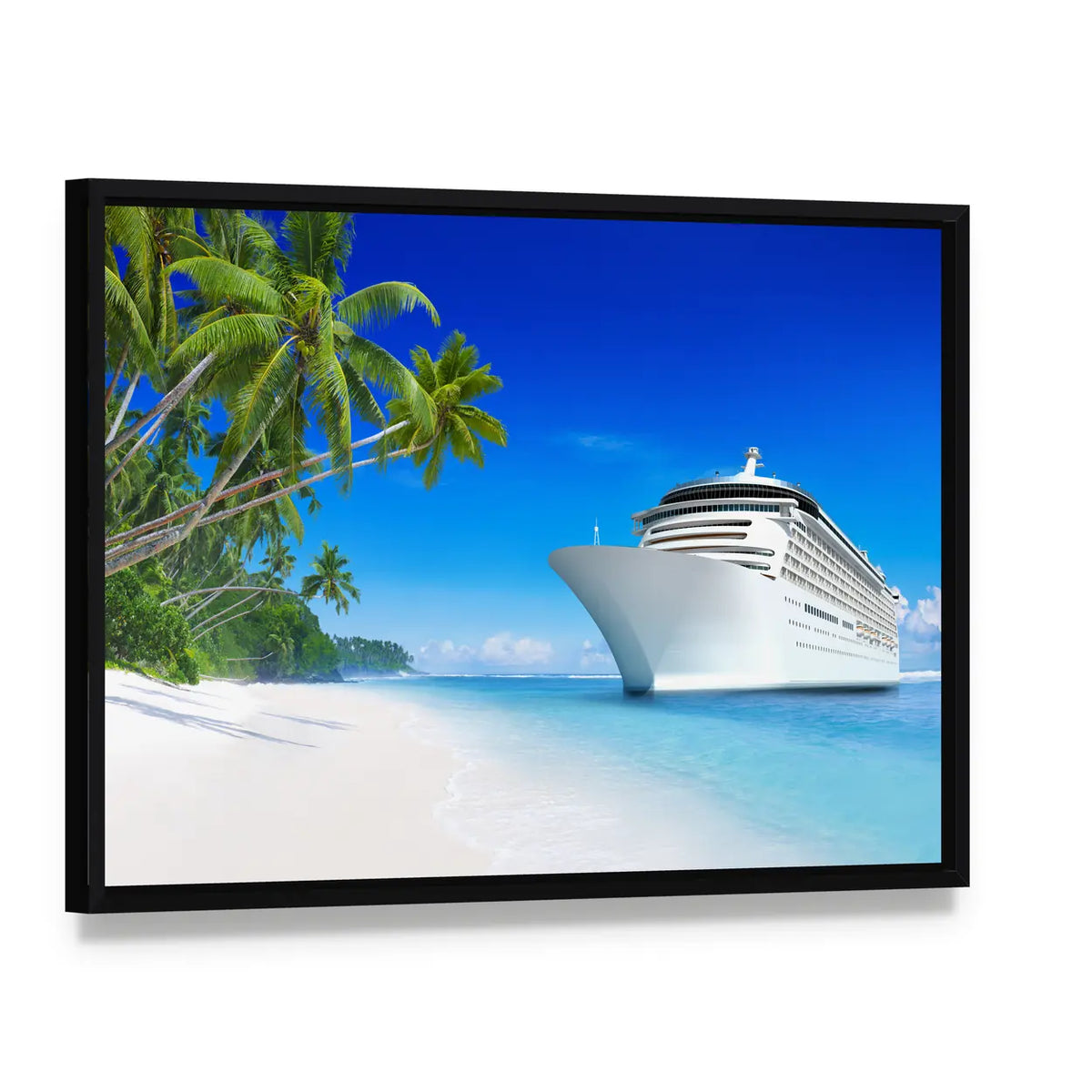 Summertime Cruise Ship by Tropical Beach Canvas Wall Art, framed canvas in a black floater frame, angled product view