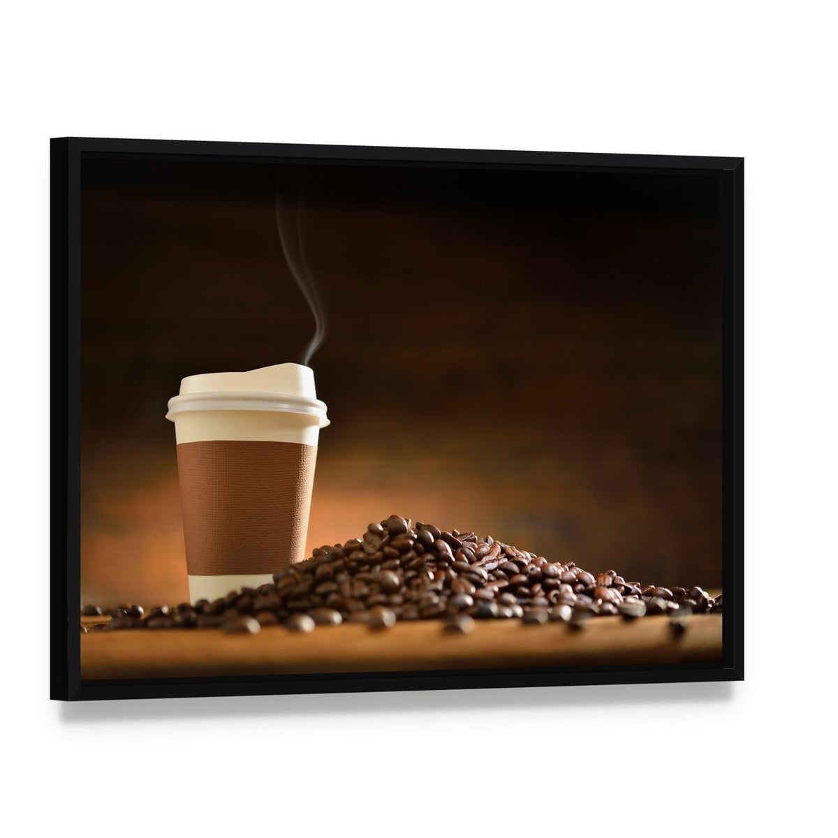Paper Cup of Coffee with Smoke and Coffee Beans Canvas Wall Art, framed canvas in a black floater frame, angled product view