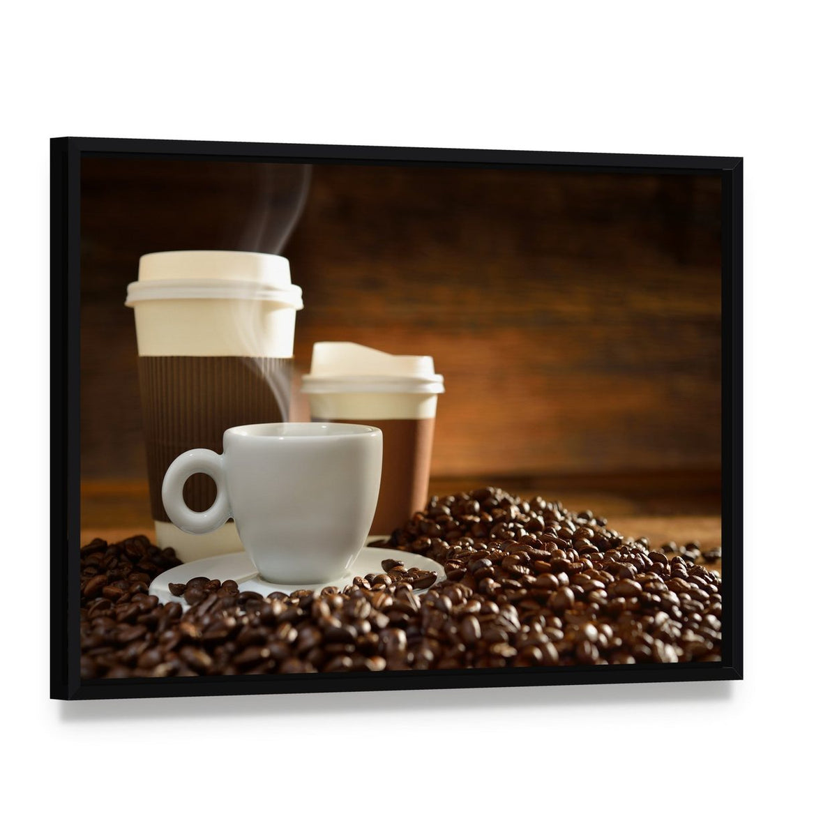 Cups of Coffee Canvas Wall Art, framed canvas in a black floater frame, angled product view