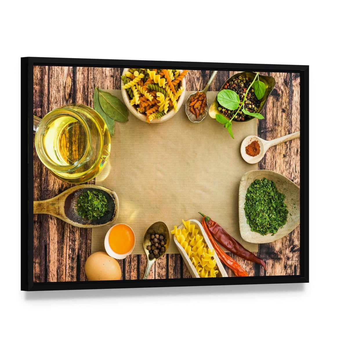 Uncooked Pasta and Spices Canvas Wall Art, framed canvas in a black floater frame, angled product view