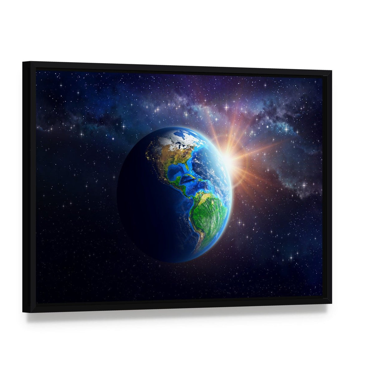Illuminated Face of Earth Canvas Wall Art, framed canvas in a black floater frame, angled product view