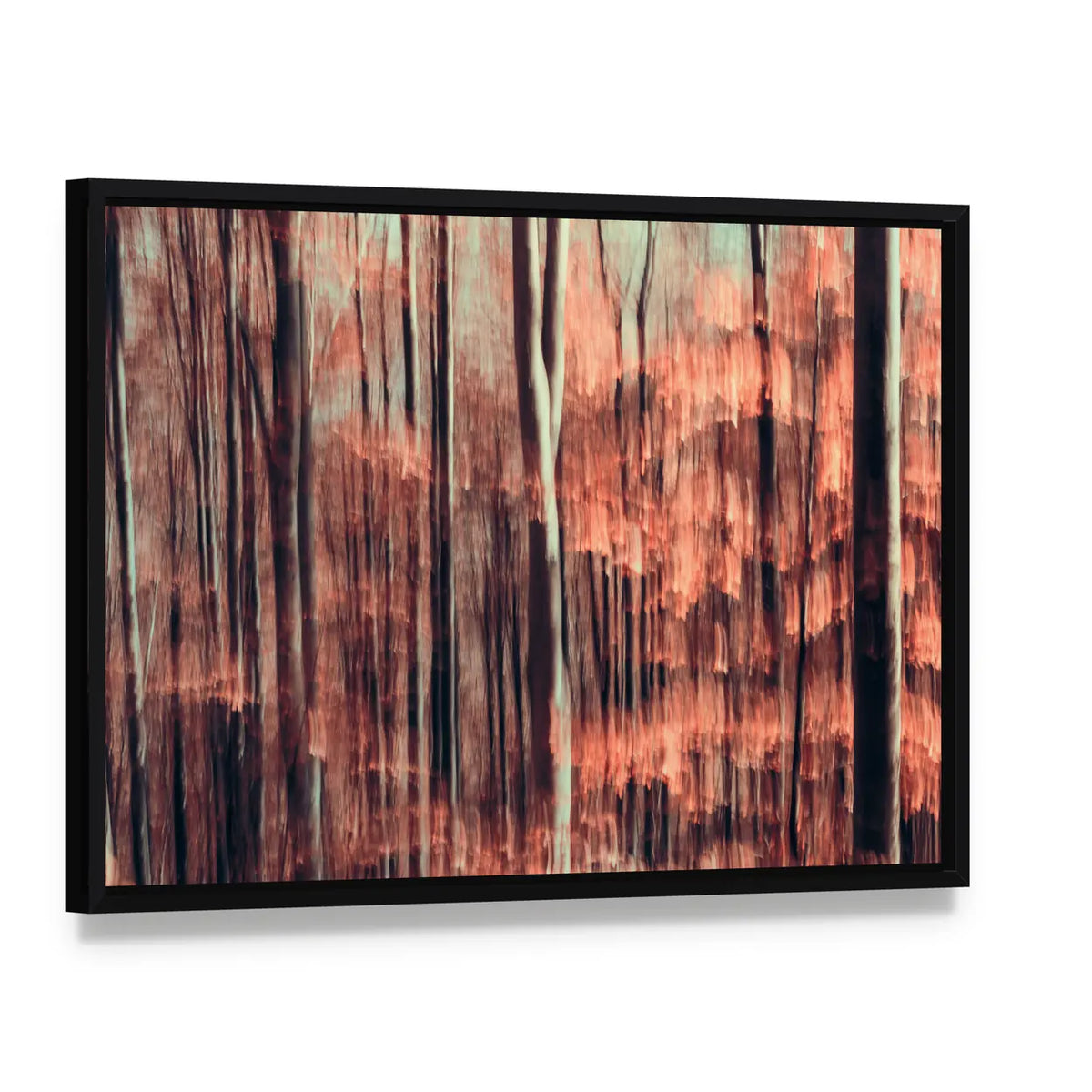 Autumnal Forest Motion Blur Canvas Wall Art, framed canvas in a black floater frame, angled product view