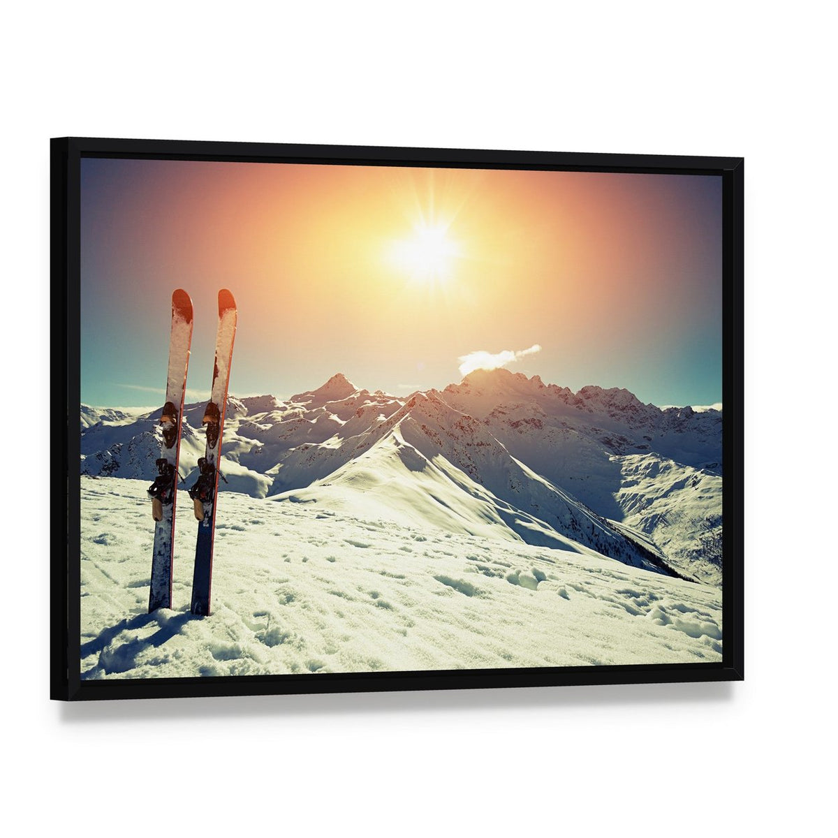 Skis in Snow at Mountains Canvas Wall Art, framed canvas in a black floater frame, angled product view