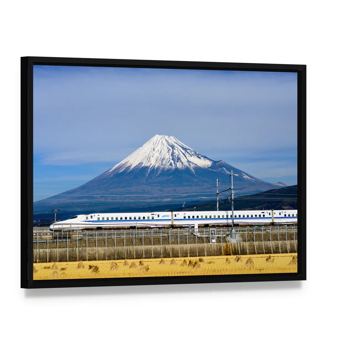 Shinkansen and Mount Fuji Canvas Wall Art, framed canvas in a black floater frame, angled product view