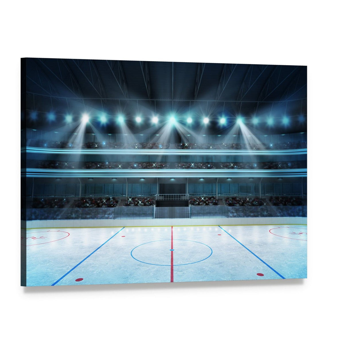 Empty Ice Hockey Arena with Stadium Lights Canvas Wall Art, single panel gallery wrapped canvas, angled product view