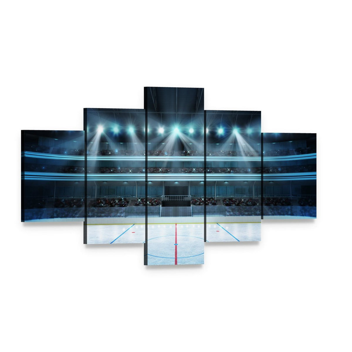 Empty Ice Hockey Arena with Stadium Lights Canvas Wall Art, 5 panel 5 Star layout gallery wrapped canvas set, angled product view