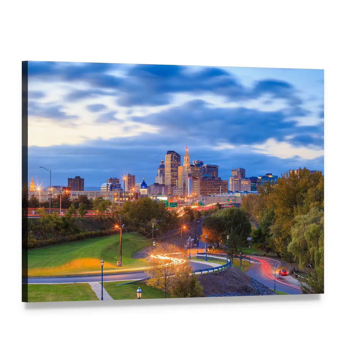 Hartford Downtown Skyline at Twilight Canvas Wall Art, single panel gallery wrapped canvas, angled product view