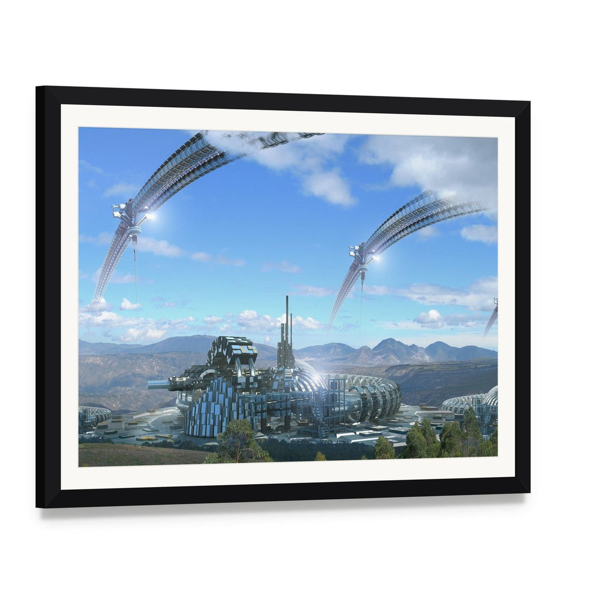 Space Elevators and Wheels Canvas Wall Art, framed print with white mat and black frame, angled product view
