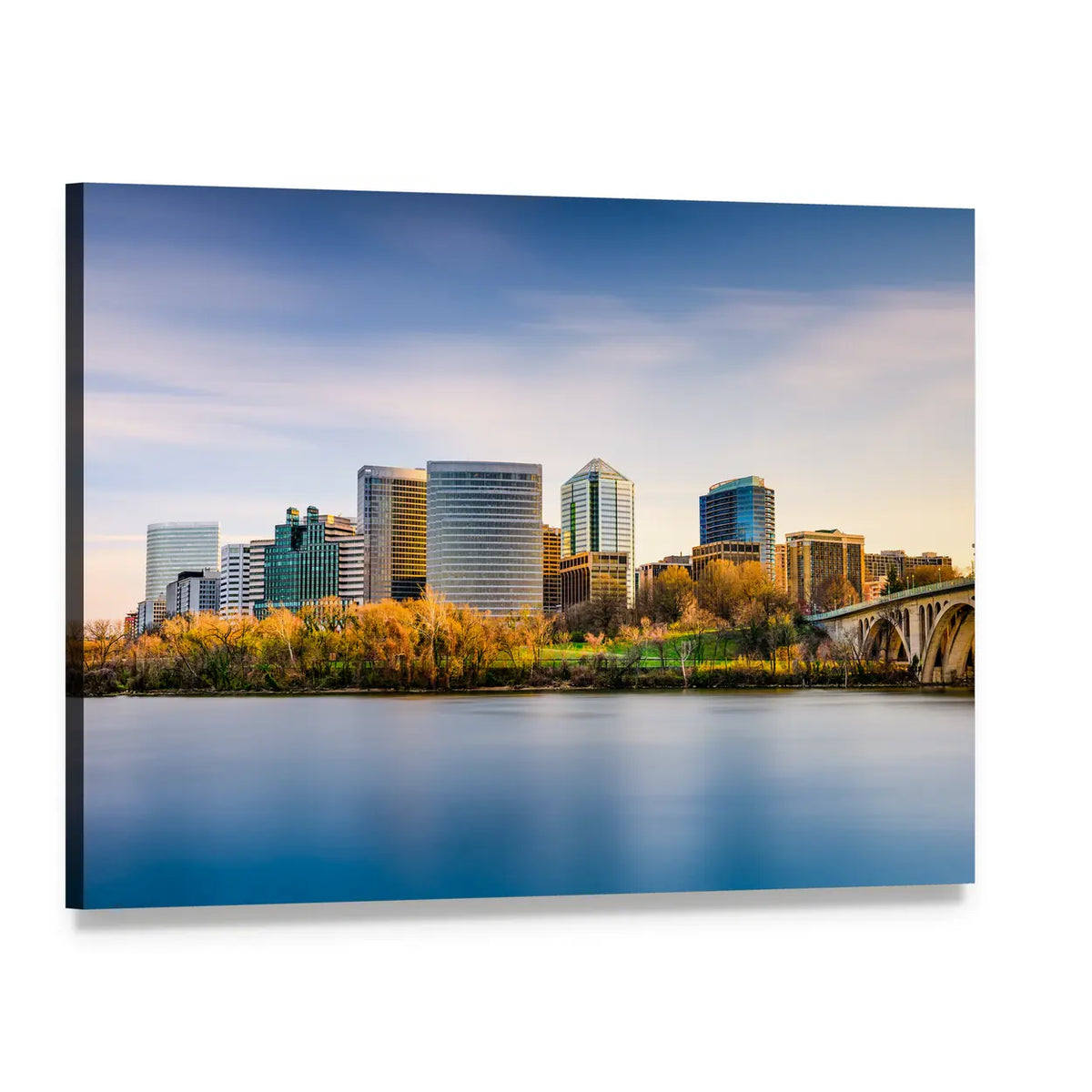 City Skyline Over Potomac River Canvas Wall Art, single panel gallery wrapped canvas, angled product view
