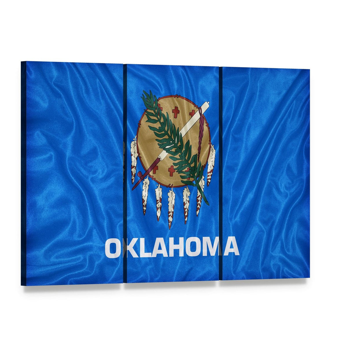 Oklahoma State Flag Canvas Wall Art, 3 panel 3 Horizontal layout gallery wrapped canvas set, angled product view