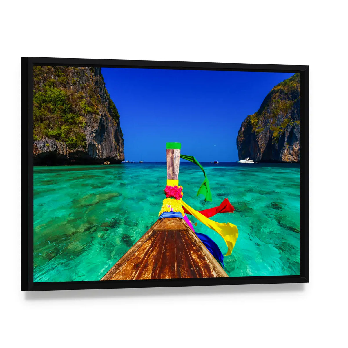 Traditional Longtail Boat In Maya Bay Canvas Wall Art, framed canvas in a black floater frame, angled product view