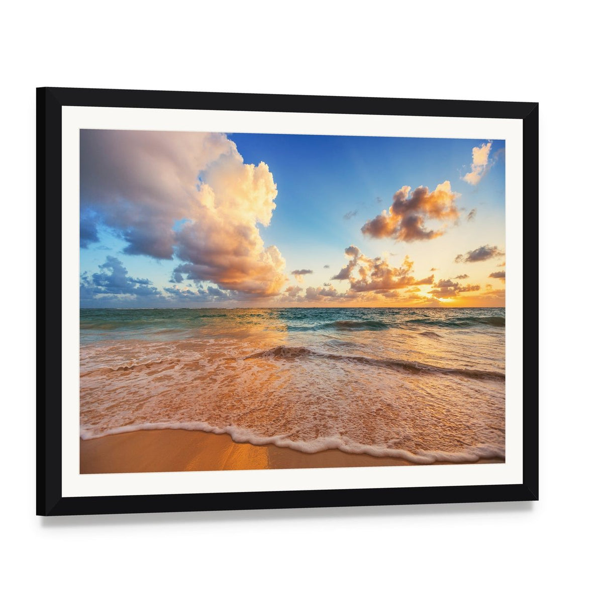 Cloudscape Over Caribbean Sea Canvas Wall Art, framed print with white mat and black frame, angled product view