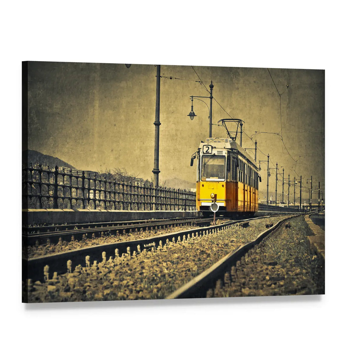 Yellow Tram Number 2 in Hungary Canvas Wall Art, single panel gallery wrapped canvas, angled product view