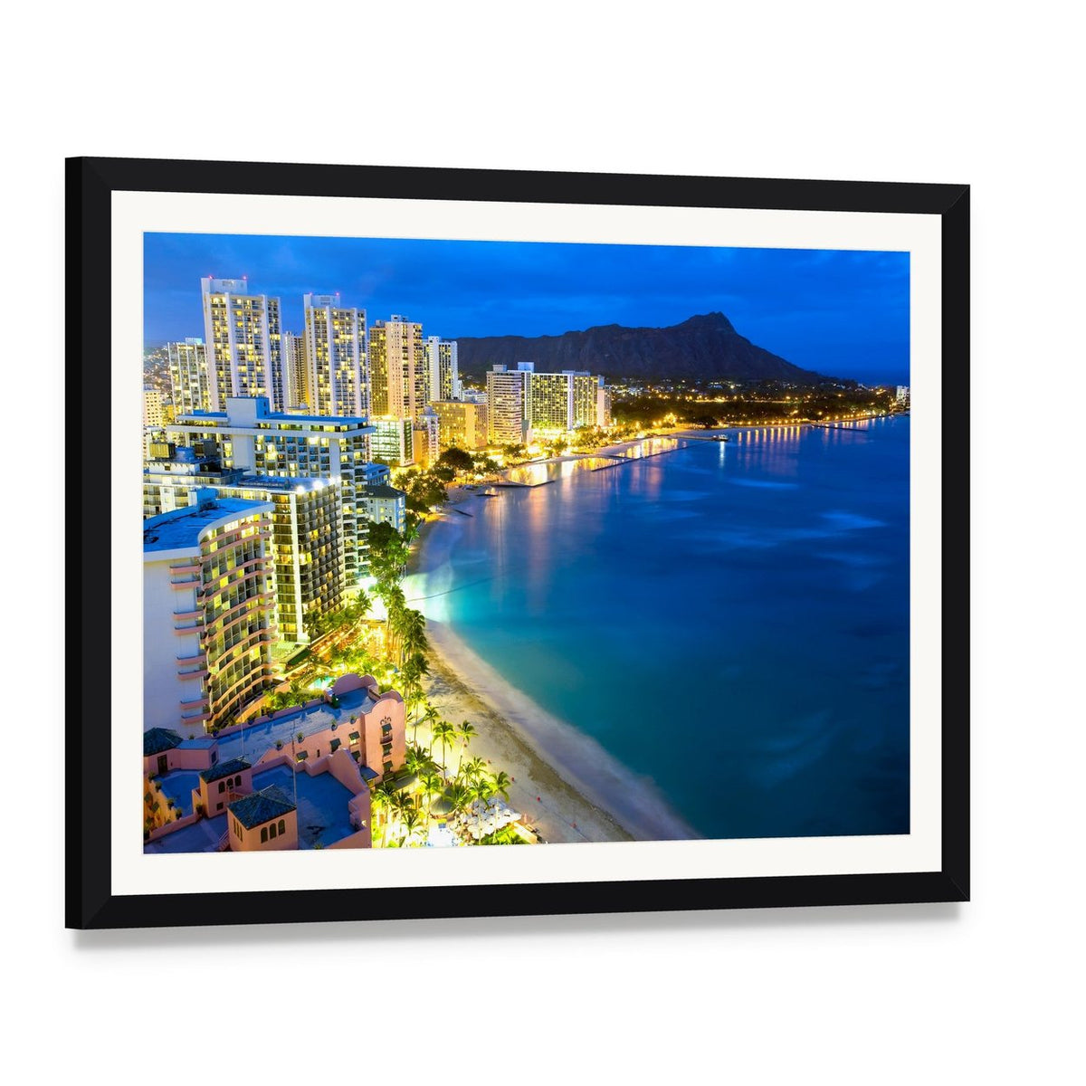Waikiki Beach and Honolulu Skyline at Twilight Canvas Wall Art, framed print with white mat and black frame, angled product view