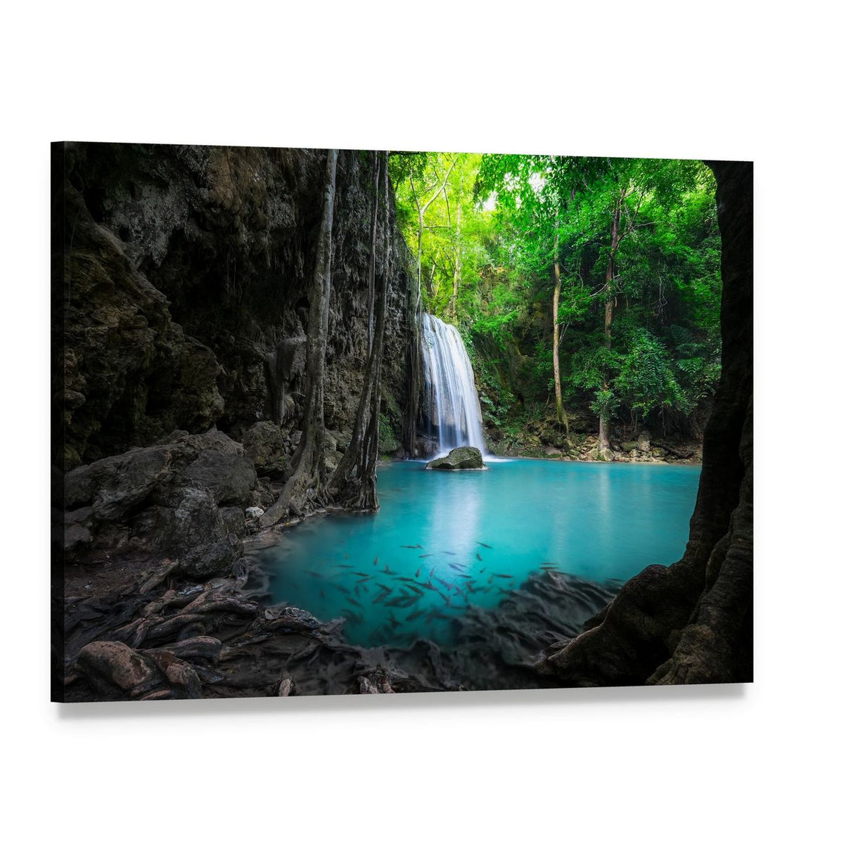 Erawan Cascade Waterfall Canvas Wall Art, single panel gallery wrapped canvas, angled product view