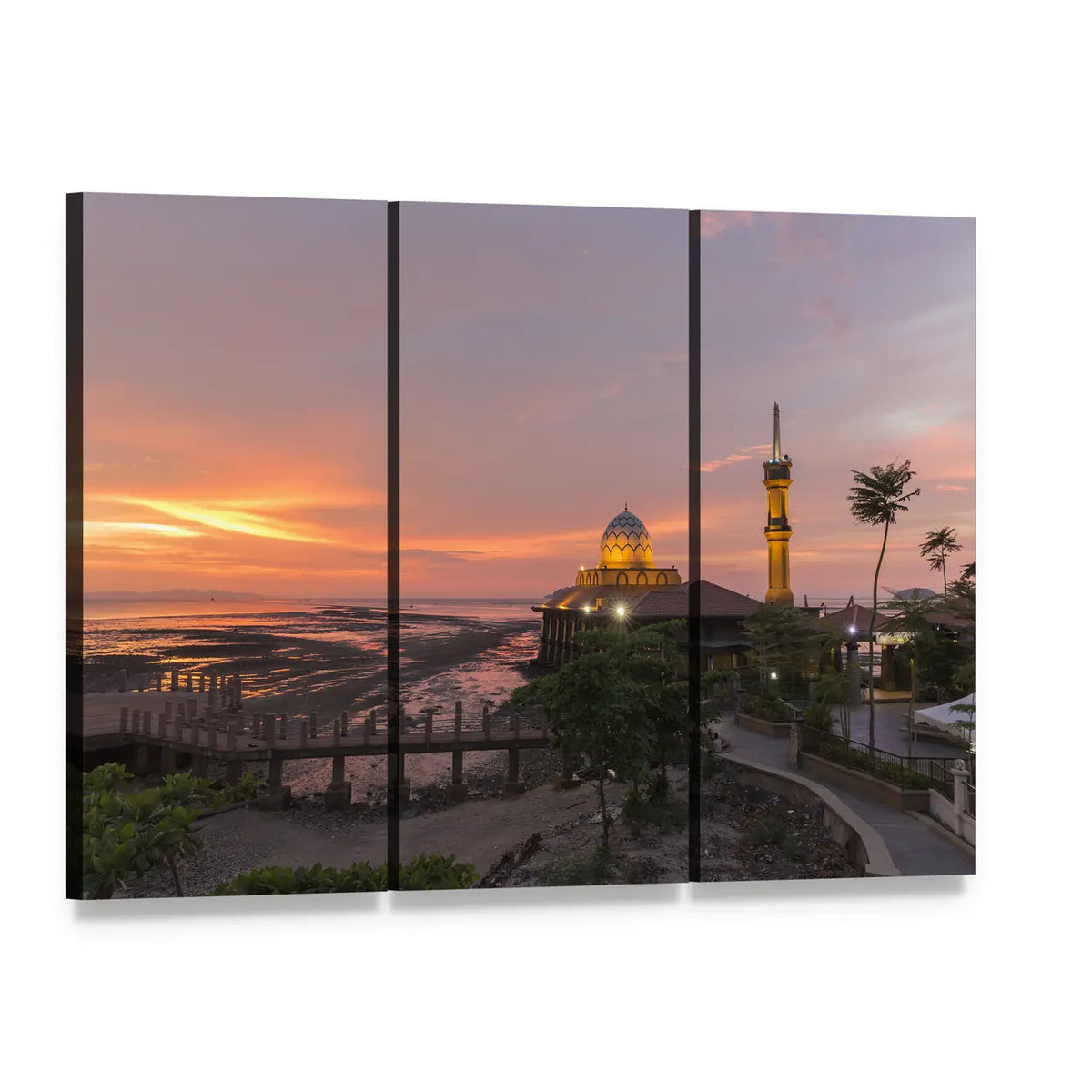 Al-hussain Mosque at Sunset Canvas Wall Art, 3 panel 3 Horizontal layout gallery wrapped canvas set, angled product view