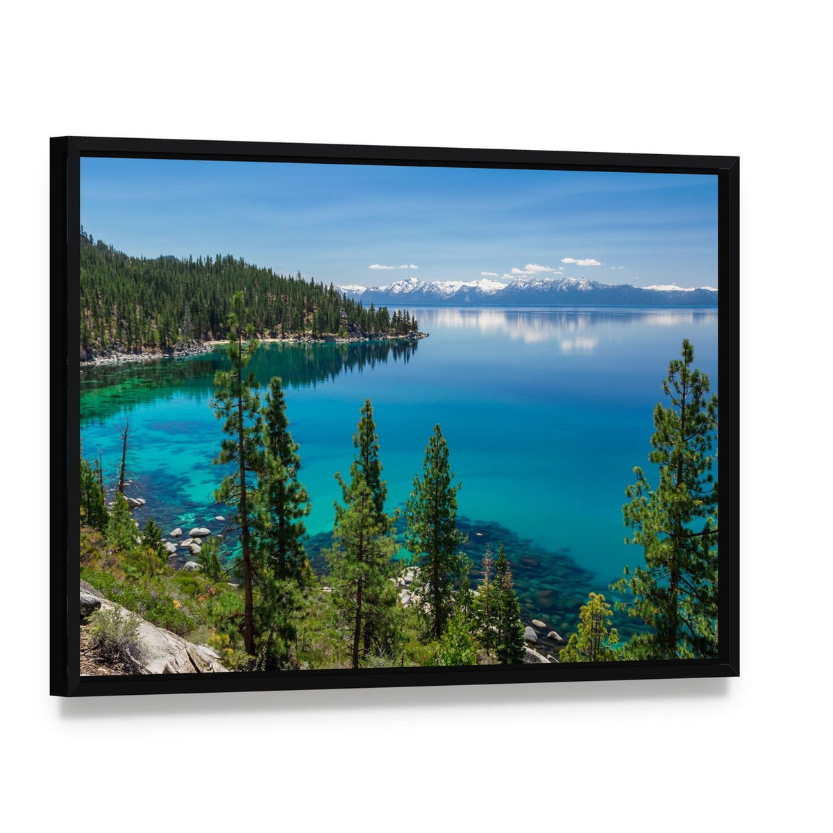 Lake Tahoe & Sierra Nevada Mountains Canvas Wall Art, framed canvas in a black floater frame, angled product view