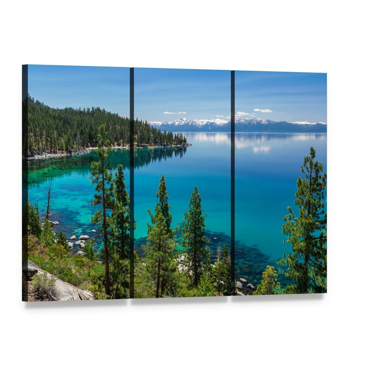 Lake Tahoe & Sierra Nevada Mountains Canvas Wall Art, 3 panel 3 Horizontal layout gallery wrapped canvas set, angled product view