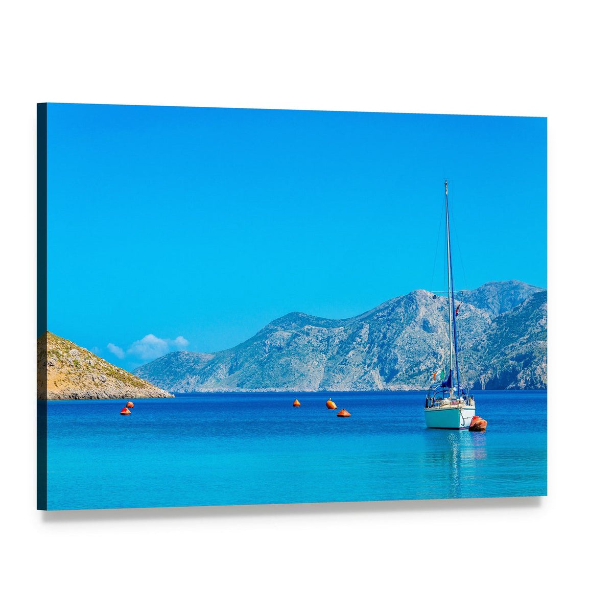 Sport Yacht in Greek Island Bay Canvas Wall Art, single panel gallery wrapped canvas, angled product view