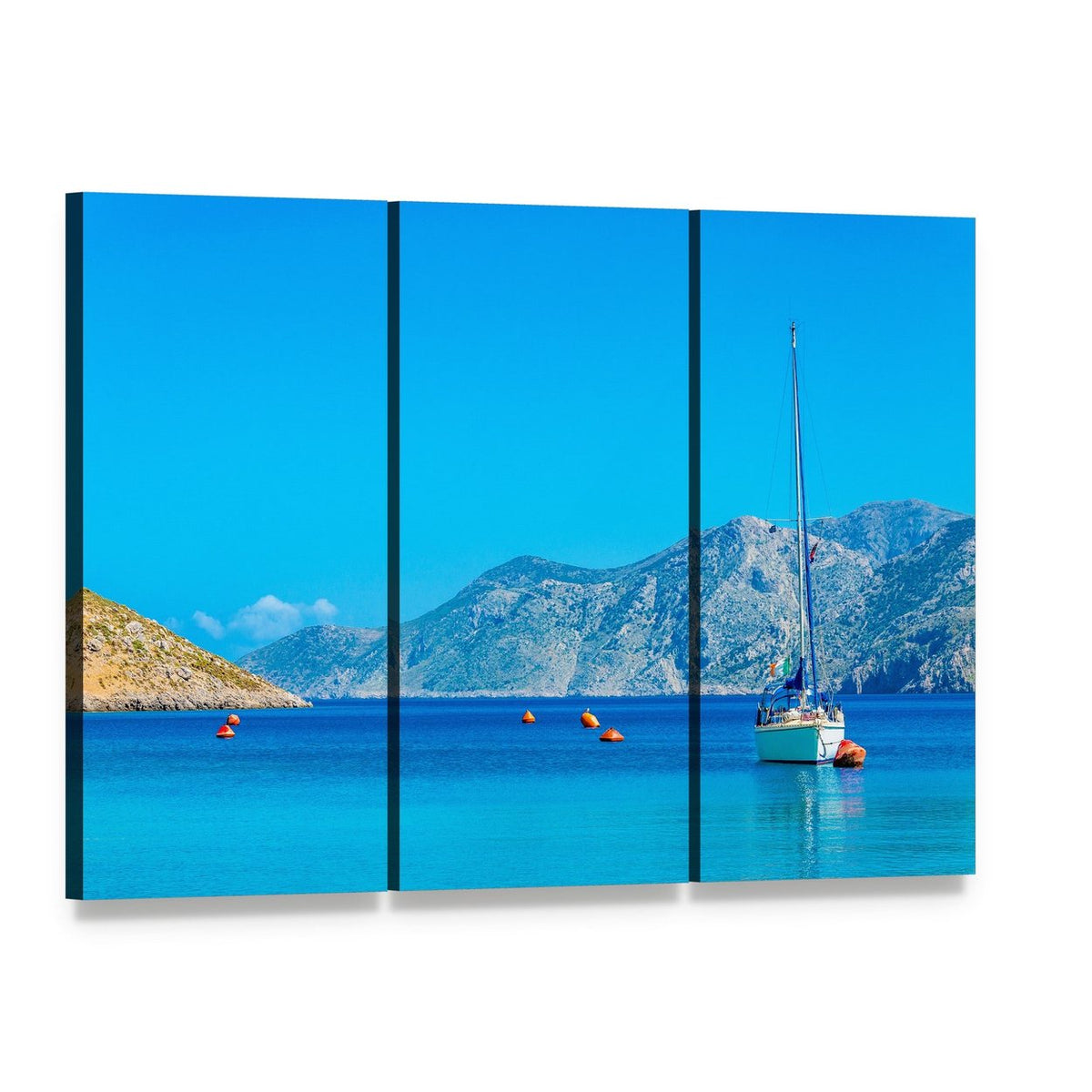 Sport Yacht in Greek Island Bay Canvas Wall Art, 3 panel 3 Horizontal layout gallery wrapped canvas set, angled product view