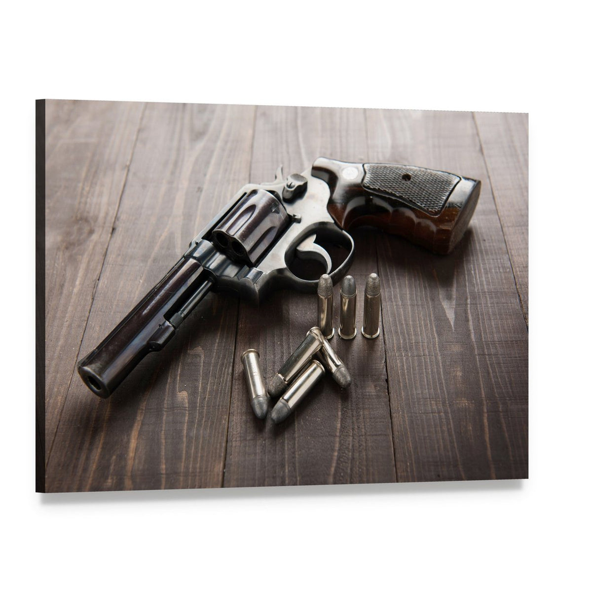 Vintage Revolver with Bullets Canvas Wall Art, single panel gallery wrapped canvas, angled product view