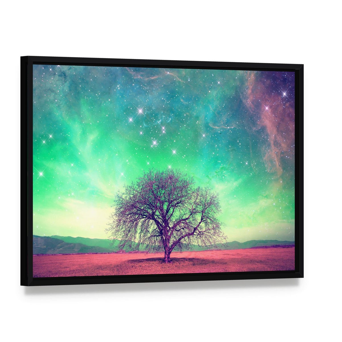 Red Alien Landscape with Lone Tree Canvas Wall Art, framed canvas in a black floater frame, angled product view