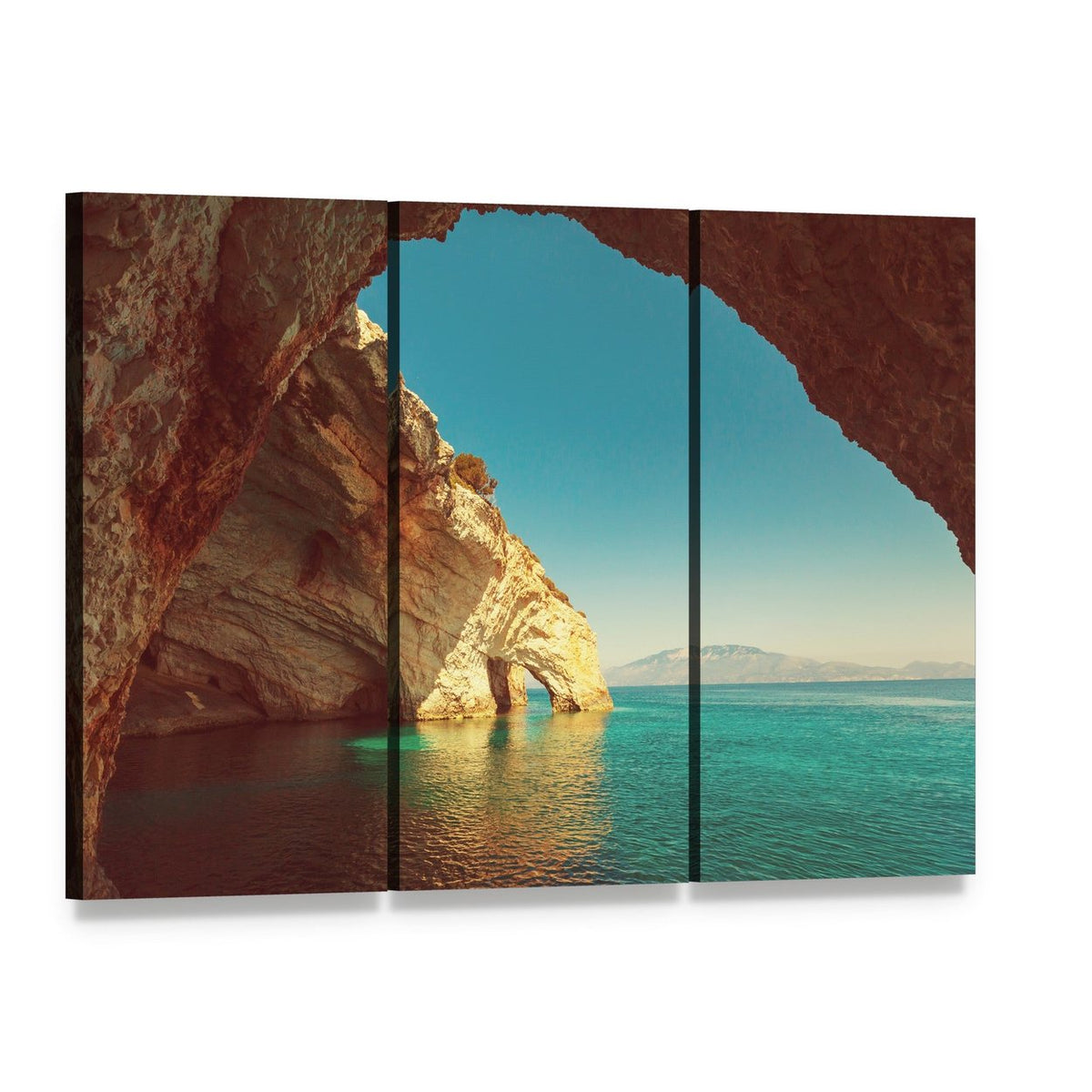 Zakynthos Rock Archway and Calm Sea Canvas Wall Art, 3 panel 3 Horizontal layout gallery wrapped canvas set, angled product view