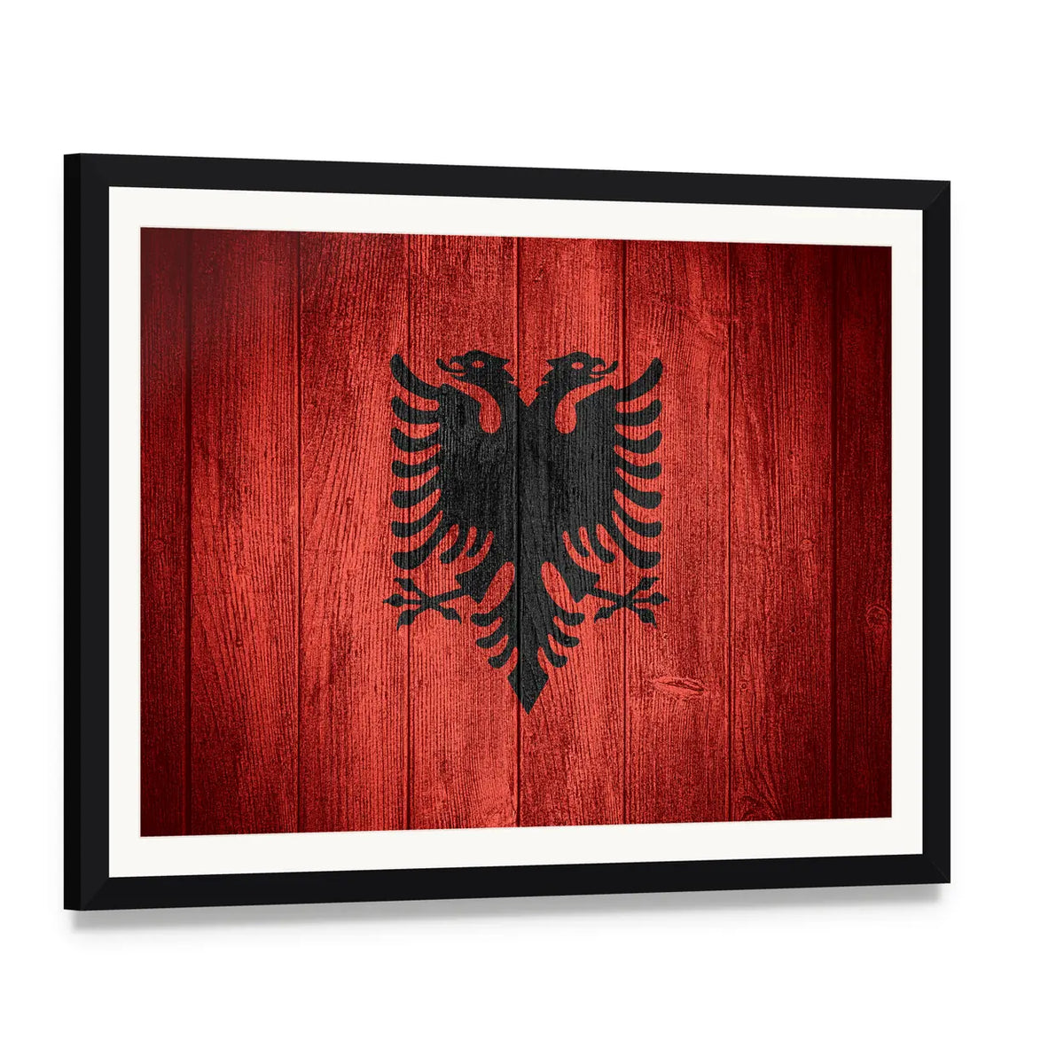 Albanian Flag on Wooden Planks Canvas Wall Art, framed print with white mat and black frame, angled product view