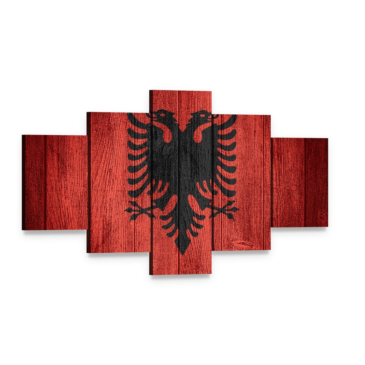 Albanian Flag on Wooden Planks Canvas Wall Art, 5 panel 5 Star layout gallery wrapped canvas set, angled product view