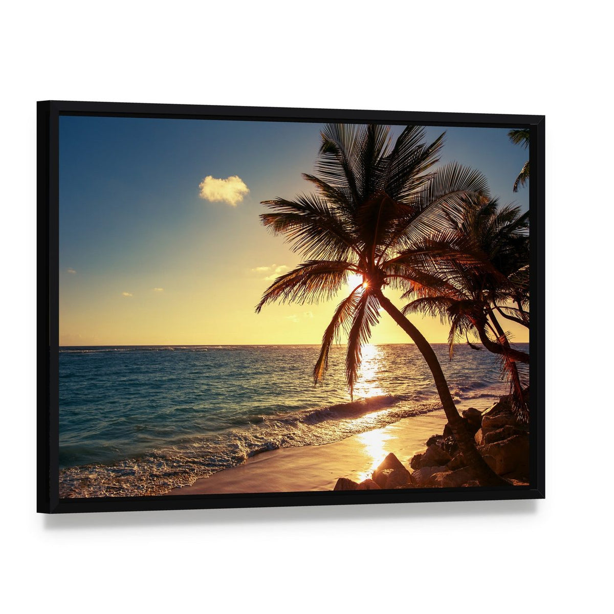 Palm Tree on Tropical Beach Canvas Wall Art, framed canvas in a black floater frame, angled product view
