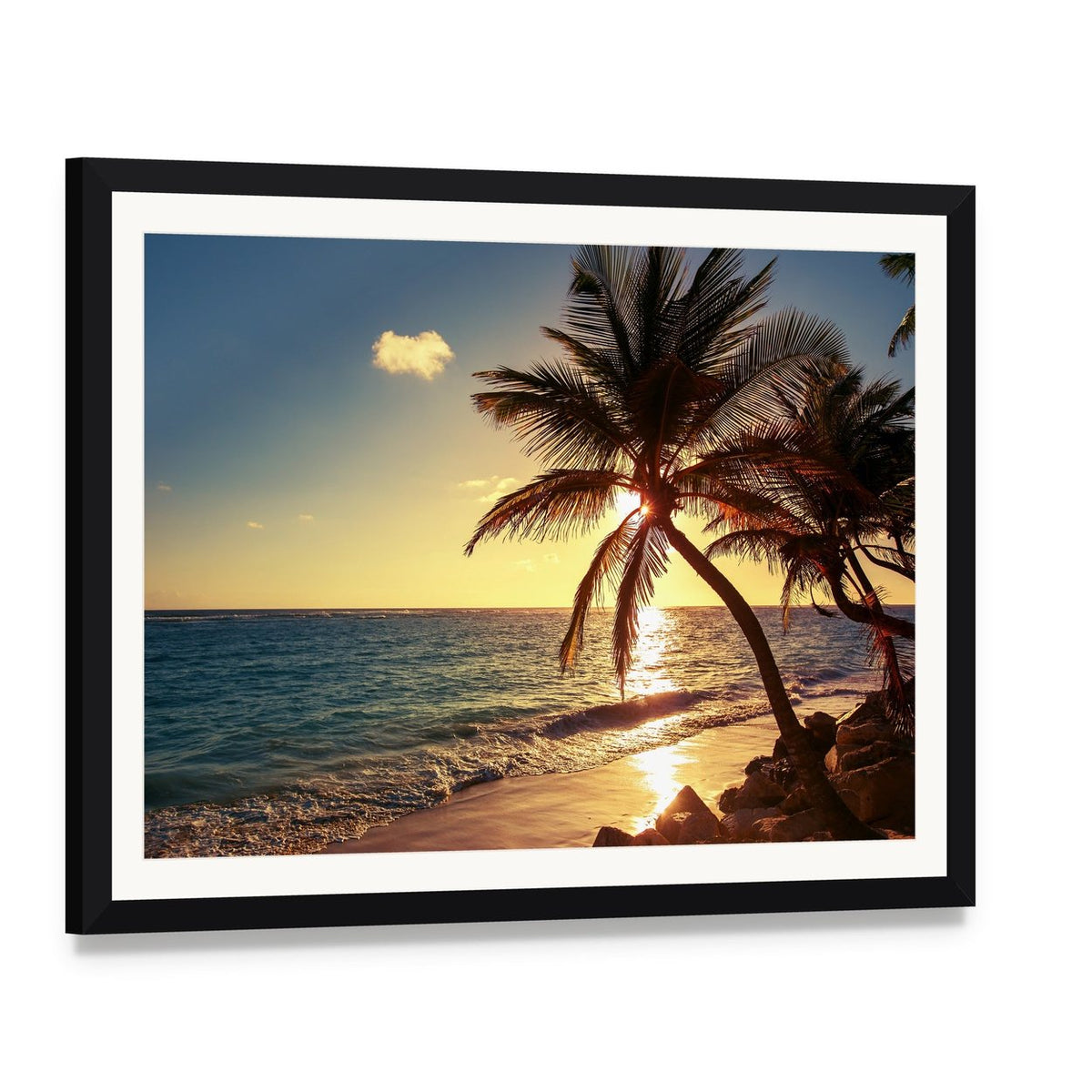 Palm Tree on Tropical Beach Canvas Wall Art, framed print with white mat and black frame, angled product view