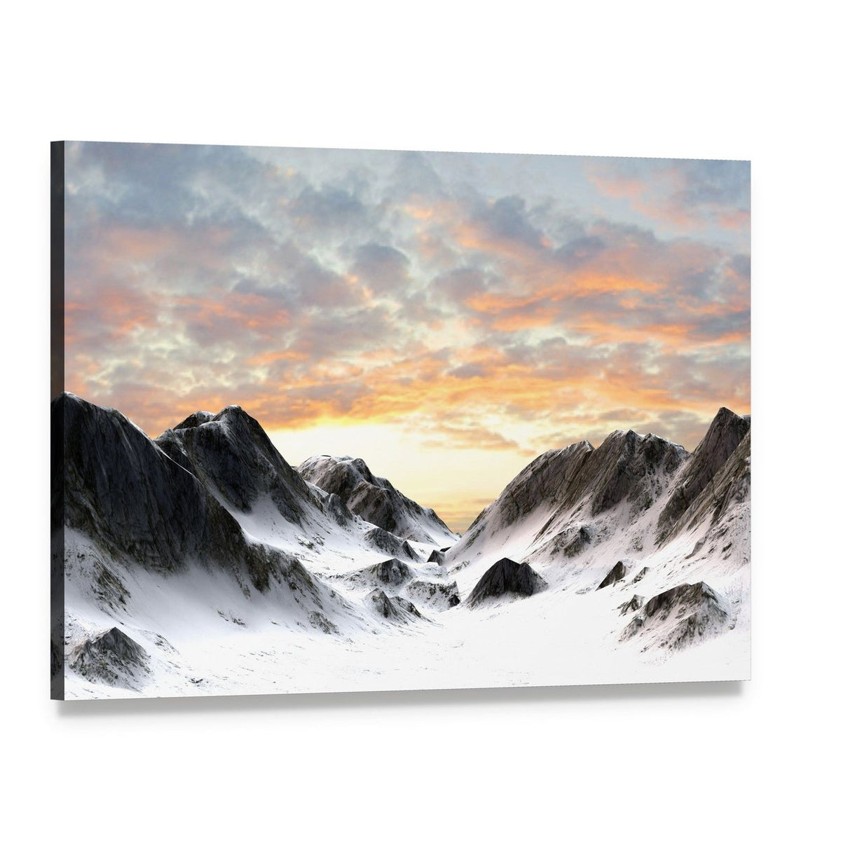 Snowy Mountain Peaks at Sunset Canvas Wall Art, single panel gallery wrapped canvas, angled product view