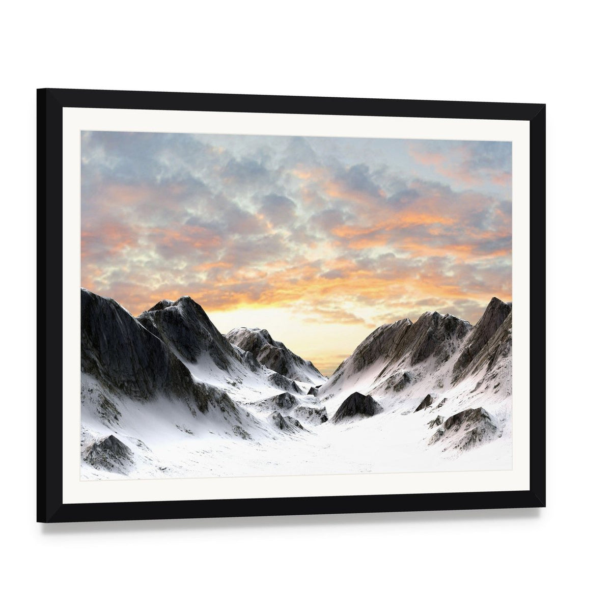 Snowy Mountain Peaks at Sunset Canvas Wall Art, framed print with white mat and black frame, angled product view