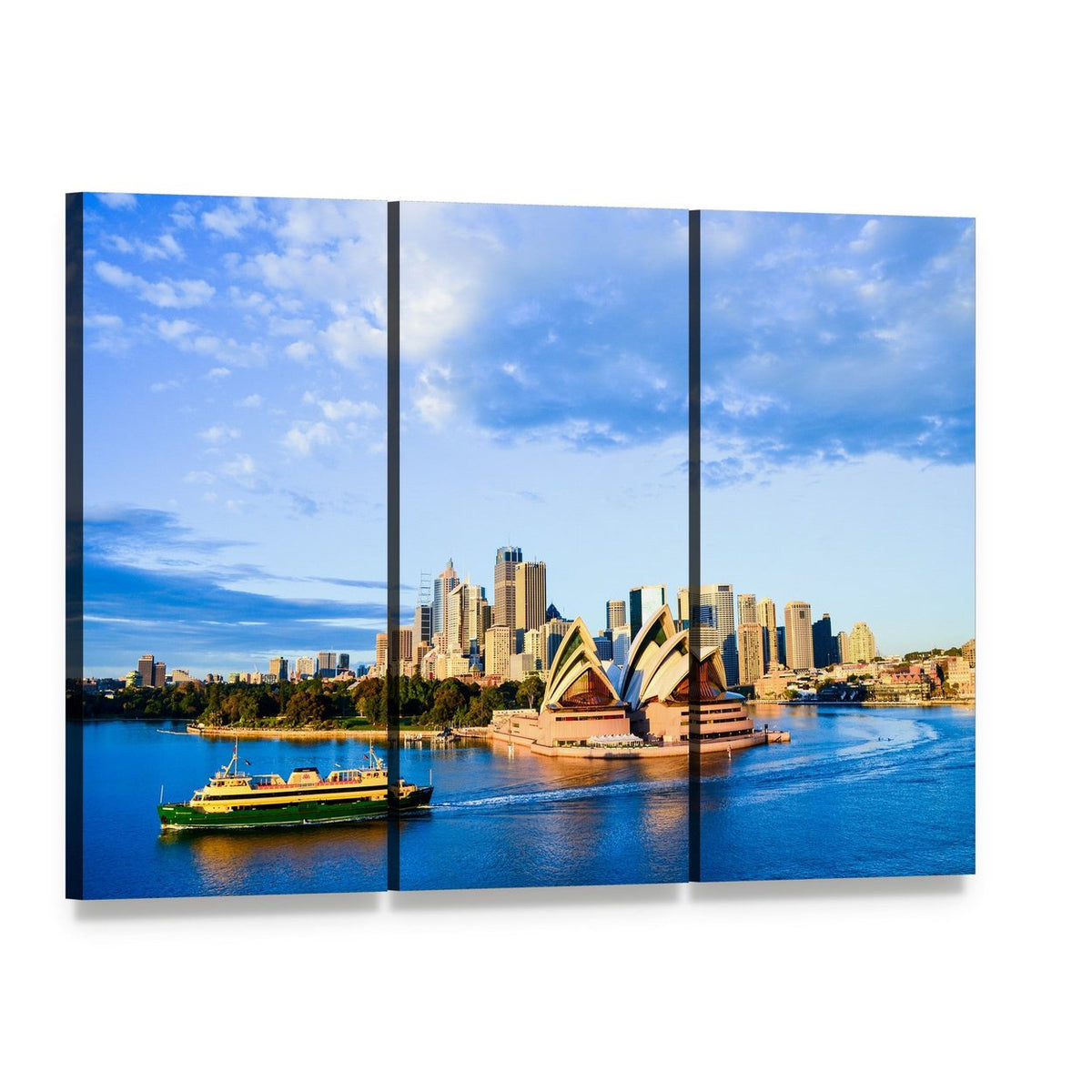 Sydney Opera House Harbor Scene Canvas Wall Art, 3 panel 3 Horizontal layout gallery wrapped canvas set, angled product view