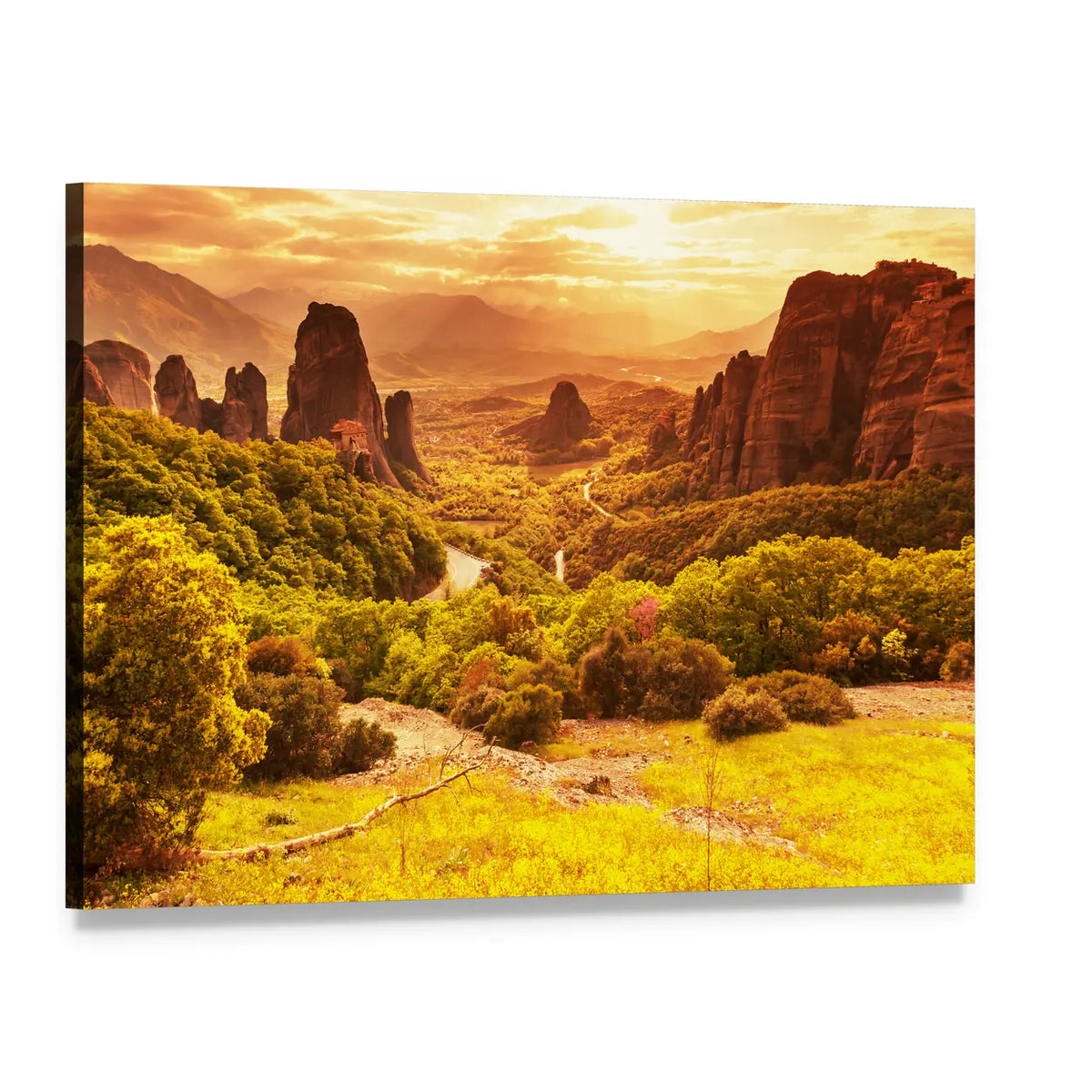 Meteora Monasteries in Greece at Golden Hour Canvas Wall Art, single panel gallery wrapped canvas, angled product view