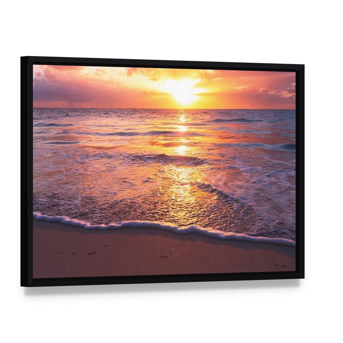 Beautiful Sea Sunset Canvas Wall Art, framed canvas in a black floater frame, angled product view