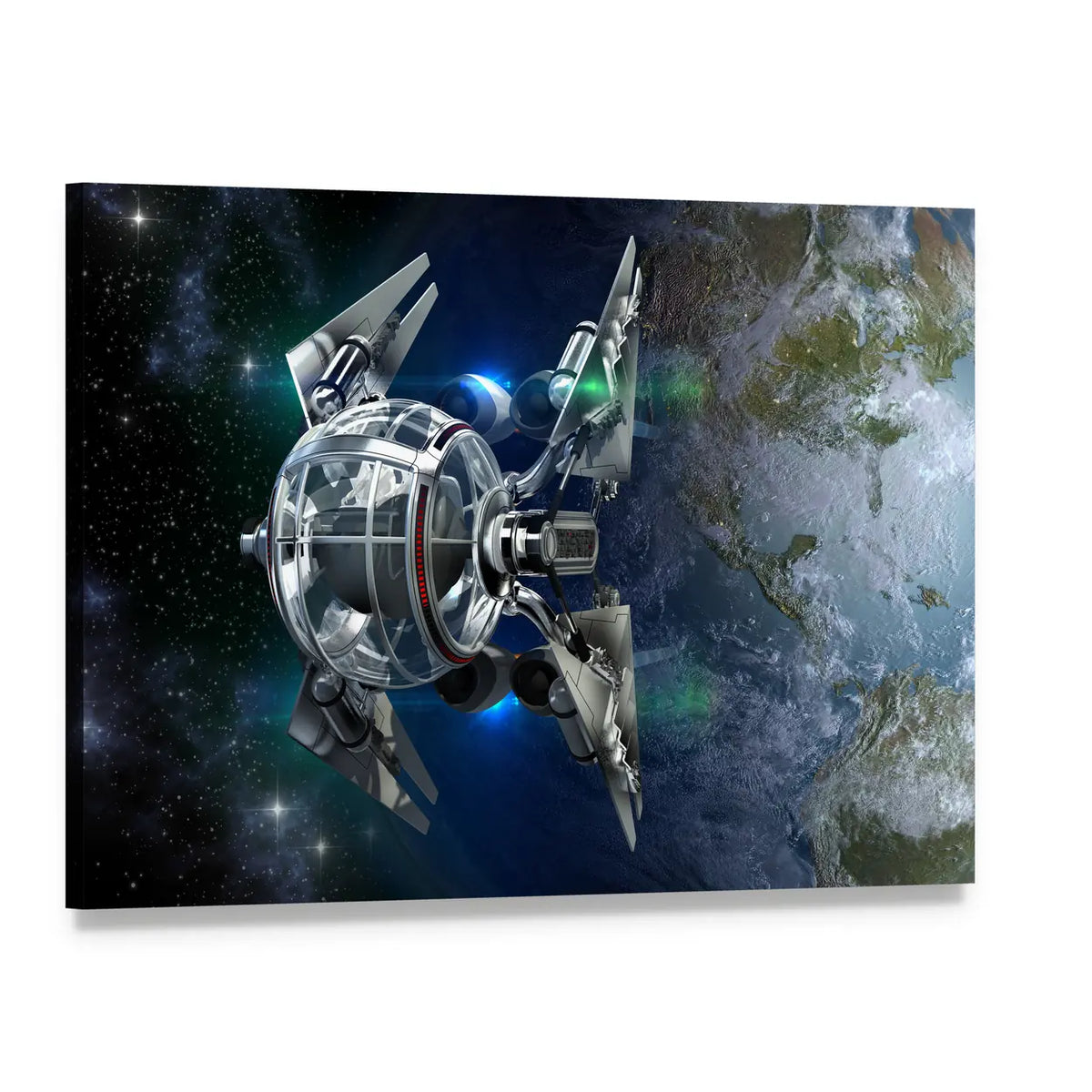 Alien Spaceship Orbiting Earth Canvas Wall Art, single panel gallery wrapped canvas, angled product view