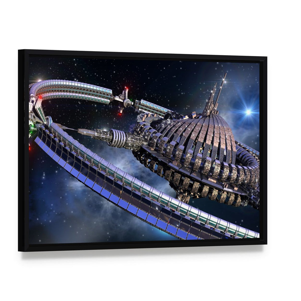 Spherical Spaceship with Gravitation Wheel Canvas Wall Art, framed canvas in a black floater frame, angled product view