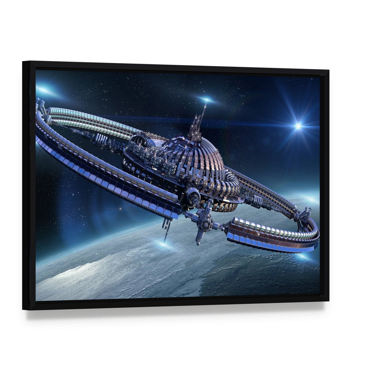 Spaceship with Dome Core and Gravitation Wheel Canvas Wall Art, framed canvas in a black floater frame, angled product view