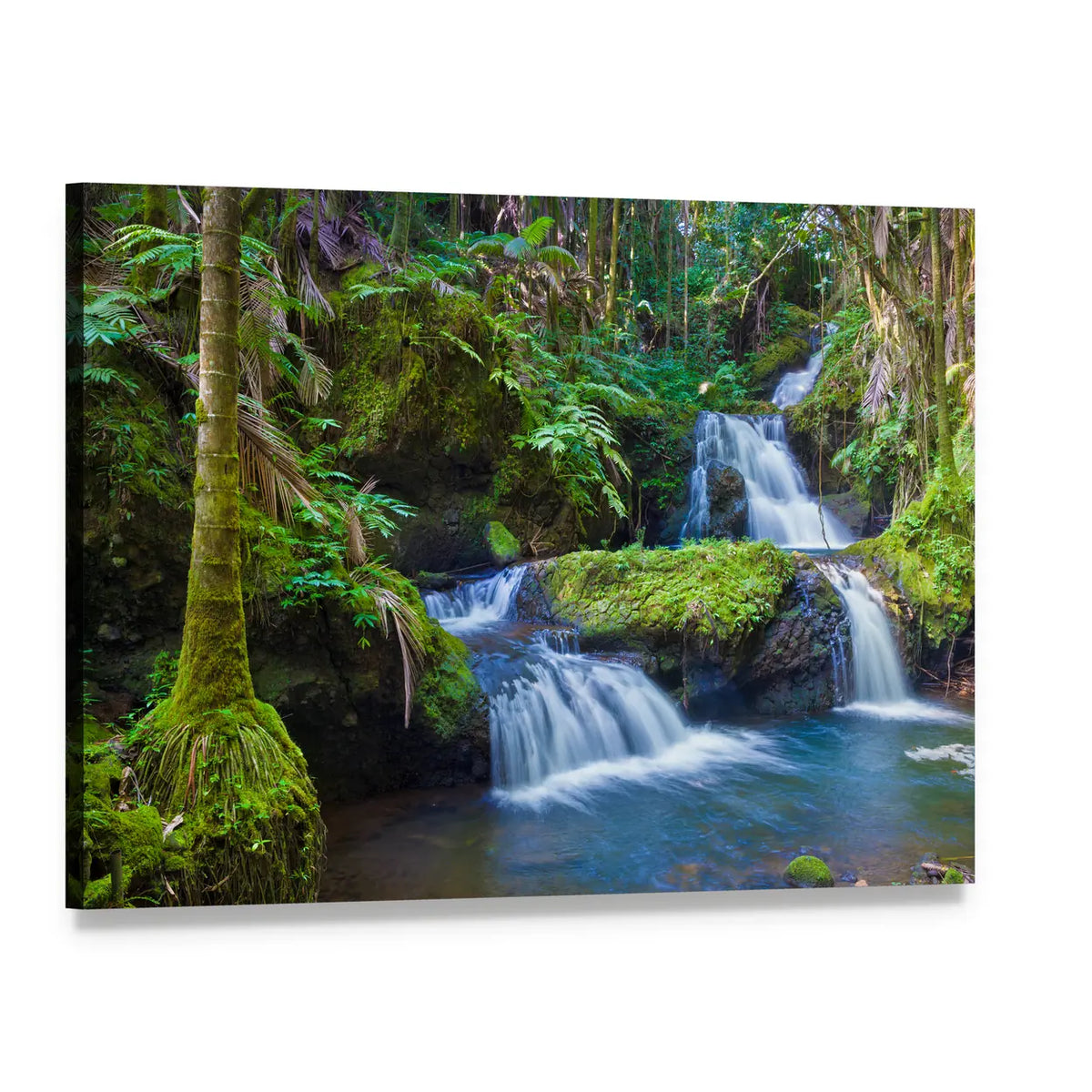 Tropical Rainforest Waterfall Canvas Wall Art, single panel gallery wrapped canvas, angled product view