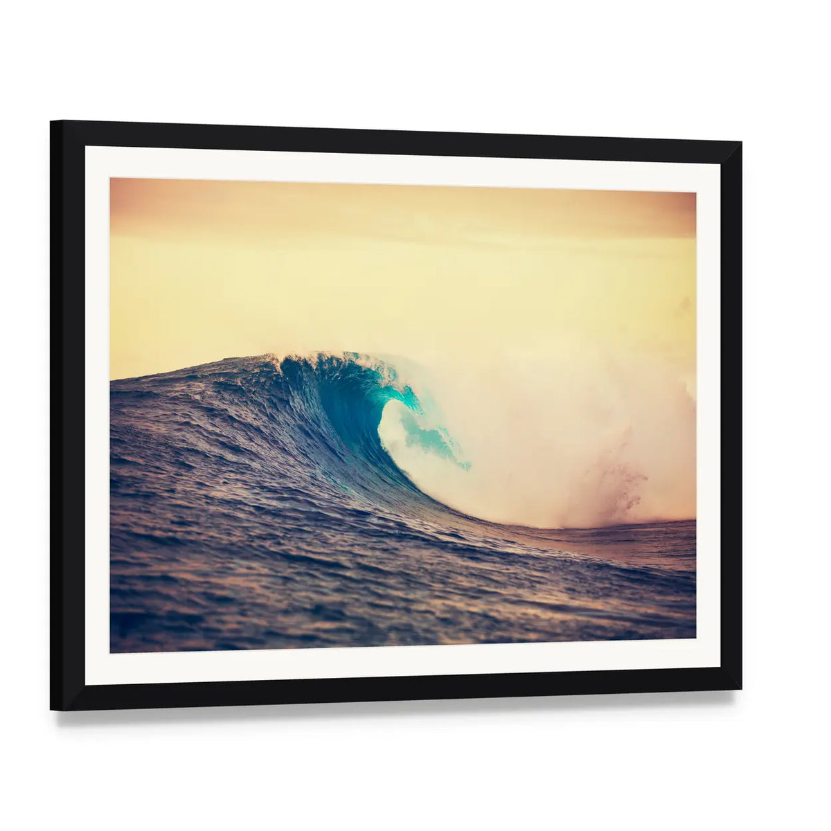Cresting Ocean Wave with White Foam Canvas Wall Art, framed print with white mat and black frame, angled product view