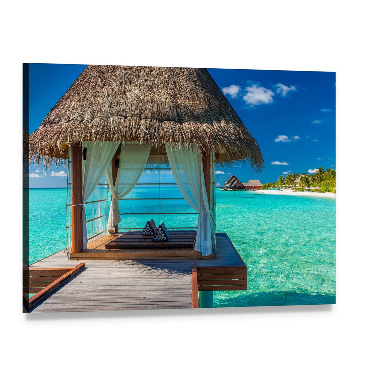 Tropical Lagoon View with Overwater Bungalow Canvas Wall Art, single panel gallery wrapped canvas, angled product view