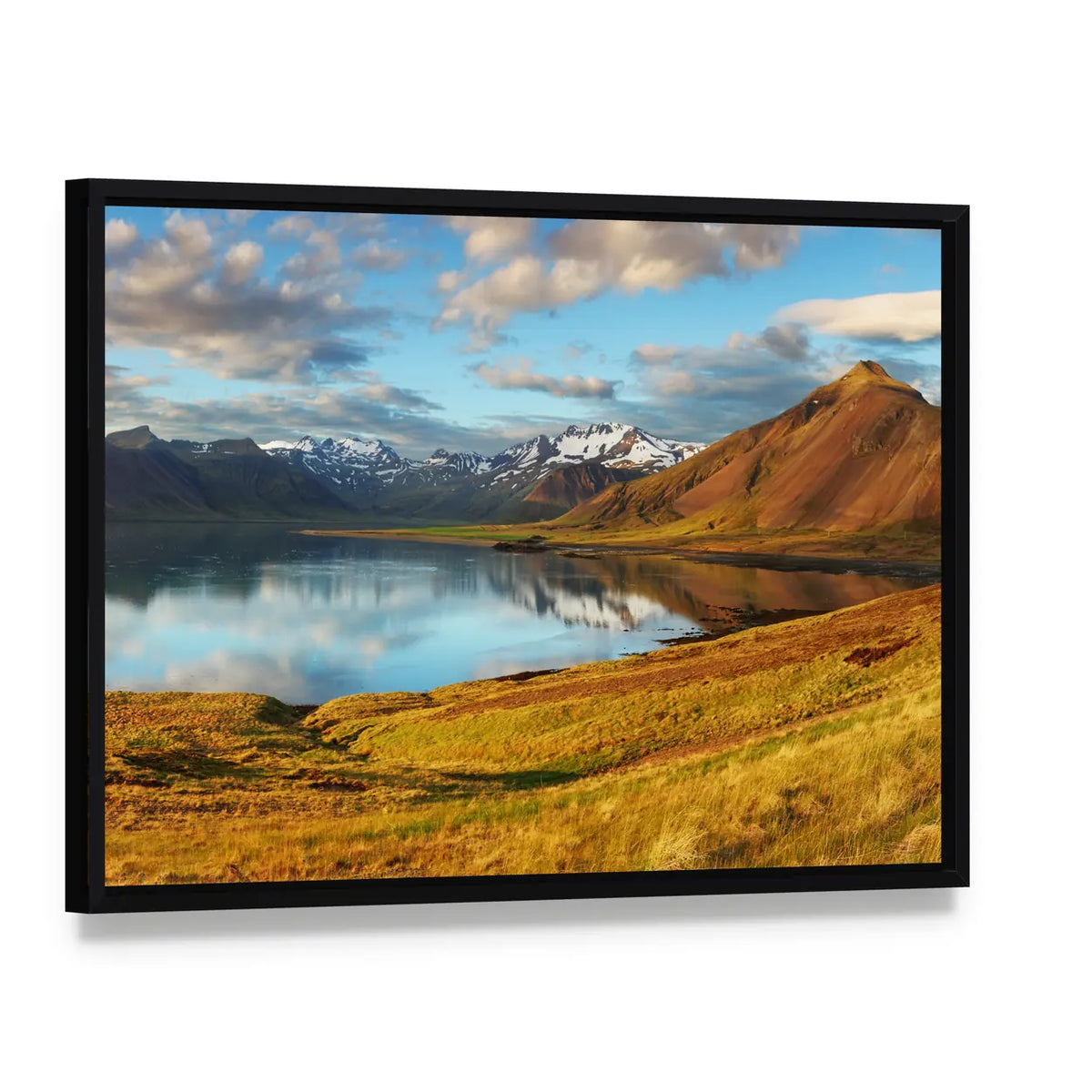 Iceland Mountains and Lake Reflection Canvas Wall Art, framed canvas in a black floater frame, angled product view