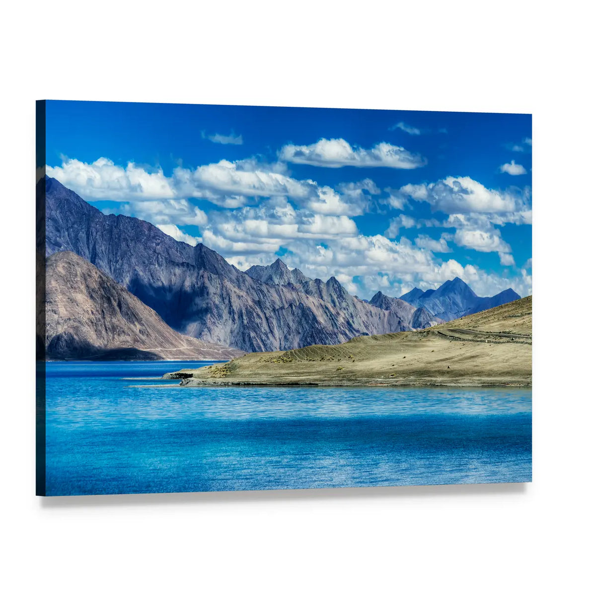 Pangong Lake and Mountain Range Canvas Wall Art, single panel gallery wrapped canvas, angled product view