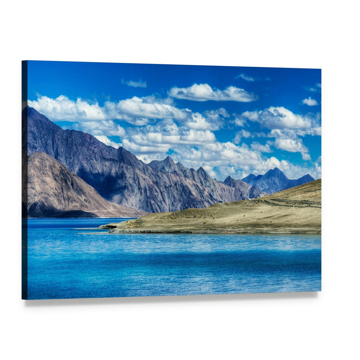 Mountain Peaks Over Vibrant Blue Lake Canvas Wall Art, single panel gallery wrapped canvas, angled product view