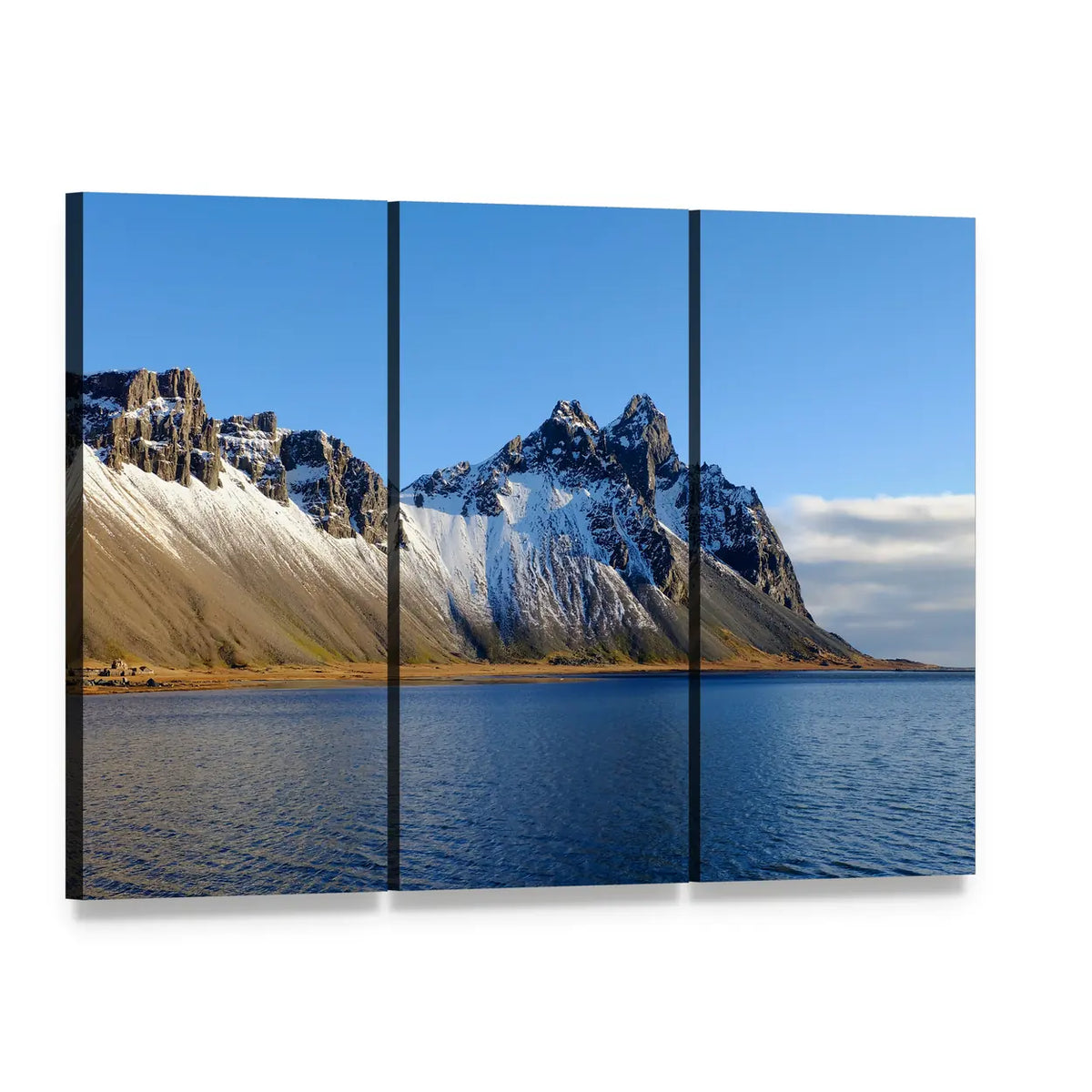 Cliff Beside Lake Canvas Wall Art, 3 panel 3 Horizontal layout gallery wrapped canvas set, angled product view