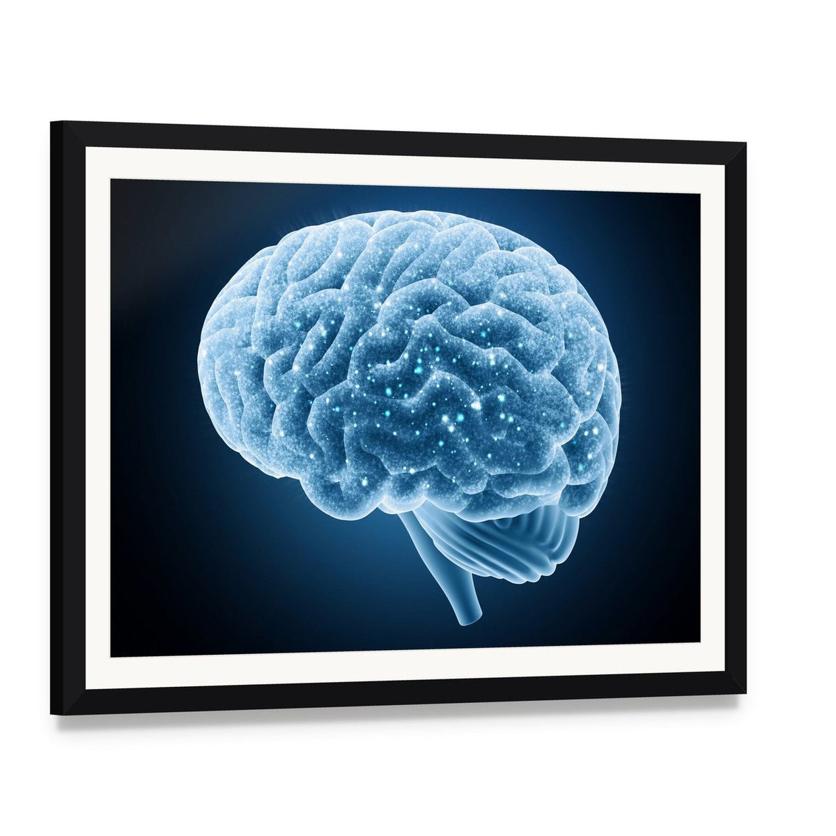 Glowing Blue Brain Structure Canvas Wall Art, framed print with white mat and black frame, angled product view