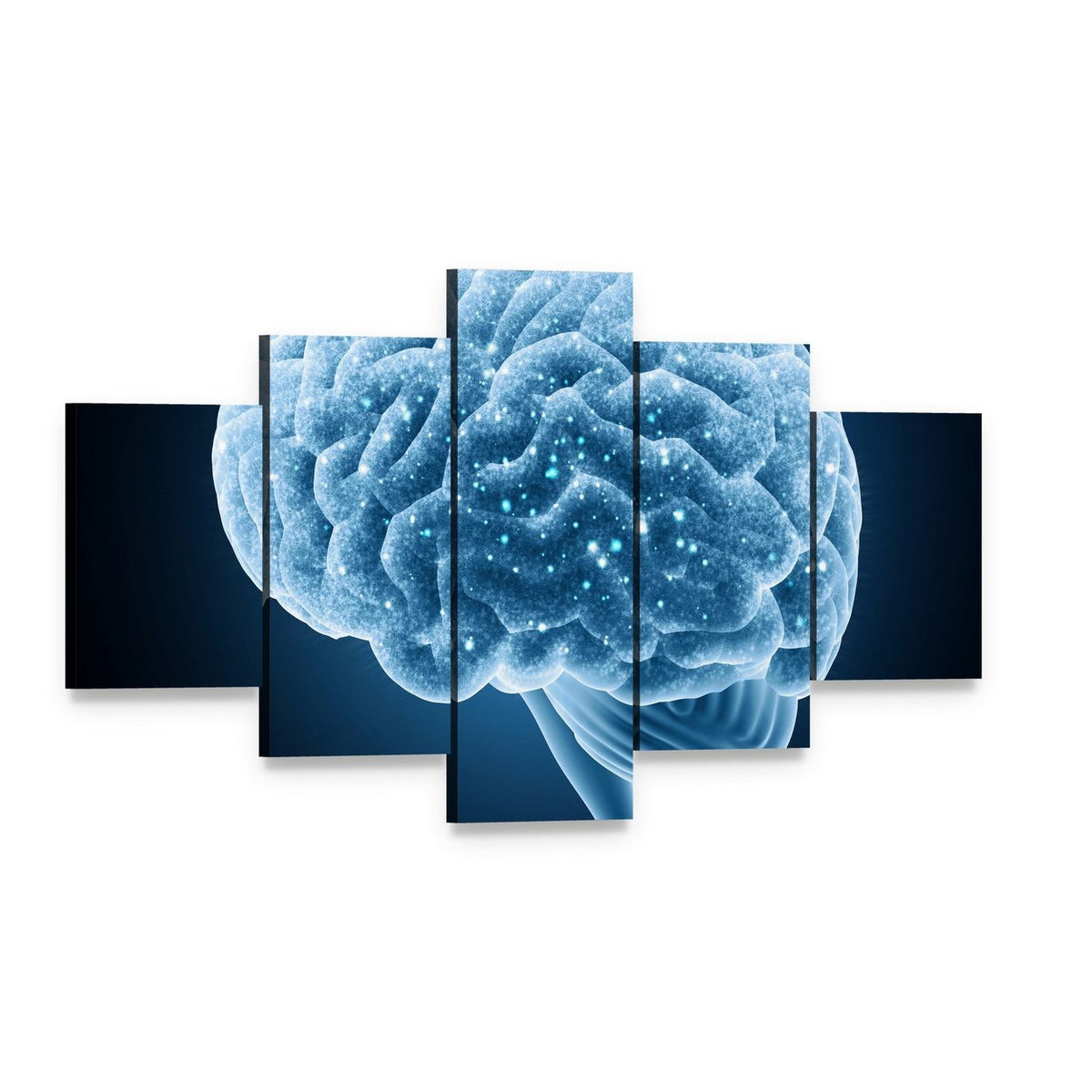 Glowing Blue Brain Structure Canvas Wall Art, 5 panel 5 Star layout gallery wrapped canvas set, angled product view